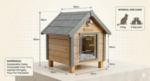 An illustration of an outdoor cat shelter with 10cm raised legs to provide optimal airflow and prevent rising damp from wet garden ground.