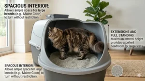 An illustration of a large breed cat comfortably standing and turning around inside a spacious hooded litter tray, showing plenty of headroom.