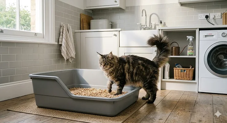 A high-resolution photo of a Maine Coon cat using a spacious, extra large grey litter tray in a modern, light-filled British utility room with natural lighting. extra large litter tray for maine coon