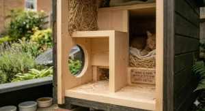 A covered outdoor feeding station placed near a feral cat shelter to keep kibble dry.