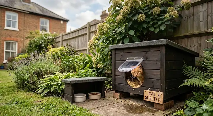 A photorealistic, professional photograph of a wooden feral cat shelter in a British garden, featuring a cat looking out from the entrance, a small feeding station, and text on a sign that reads 'CAT SHELTER'. feral cat shelter