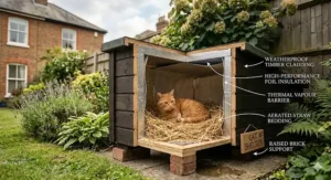 Illustration of a feral cat shelter lined with straw to keep stray cats warm during a British winter.
