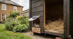 Illustration showing a feral cat shelter with two separate holes to provide an easy escape route from foxes or dogs.
