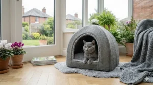 A British Shorthair kitten peeking out from an enclosed, grey herringbone cat igloo bed with a thick, plush grey fleece lining. The igloo bed is placed on a herringbone parquet floor in a sunlit UK conservatory, next to potted ferns and a grey knit throw, showing the garden view in the background.