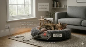 Illustration of an internal thermostat for a heated cat bed to prevent overheating.