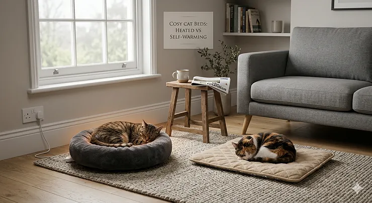 A comparison of an electric heated cat bed and a self-warming thermal mat in a British living room. heated cat bed vs self warming