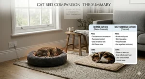 A checklist comparing the benefits of electric heated cat beds versus self-warming thermal pads.