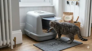 A grey tabby cat using a high-sided enclosed litter tray with wood pellet litter, designed to prevent scatter on the floor.
