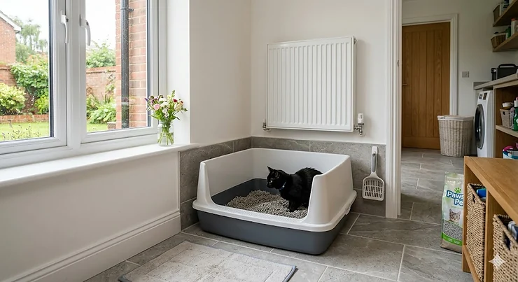 High-sided litter tray in a modern home to stop scatter and mess. high sided litter tray to stop mess