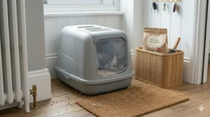 A hooded cat litter tray with a clear flap door, providing privacy and odour control in a domestic UK setting.