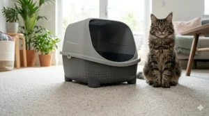 Illustration showing how the high back and deep tray design of a large hooded litter tray prevents litter scatter and tracking across UK carpets.