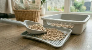 A plastic scoop sifting wood pellets over a cleaning tray to maintain litter hygiene.