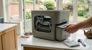 Alt text for image 3: A close-up photorealistic shot of a person’s hand pulling out the sealed waste drawer of a grey self-cleaning litter tray for maintenance on a white quartz kitchen worktop.