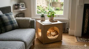 Alt text for image 6: An enclosed indoor cat house used to discreetly hide a litter tray, featuring a decorative entrance hole.