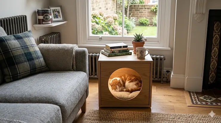 Alt text for image 1: A stylish indoor cat house designed as a modern side table, blending seamlessly with a contemporary British living room interior. indoor cat house