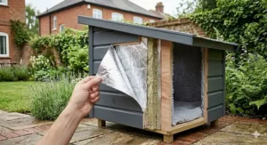 Close-up of the foil-lined thermal insulation inside a weatherproof cat shelter for winter warmth.
