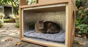 A thermal insulated timber cat house for 2 cats designed to keep pets warm during British winter months.