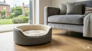 An empty extra-wide grey herringbone cat bed, suitable for large British Shorthair cats, placed on an oak herringbone floor in a modern UK living room with garden view.