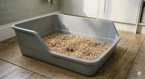 An empty, extra large grey litter tray filled with wood pellet litter, placed on a wood floor in a sunlit room.