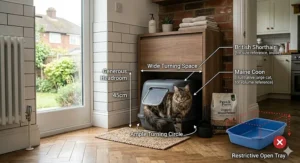 A photorealistic shot of a large Maine Coon cat sitting inside the grey covered litter tray with clean graphic text overlays indicating forty-five centimetres of generous headroom and ample turning space.