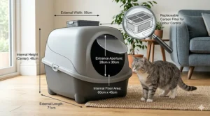 An illustration showing the interior and exterior dimensions of a large hooded litter tray for big cats, highlighting extra-wide entry and deep base.