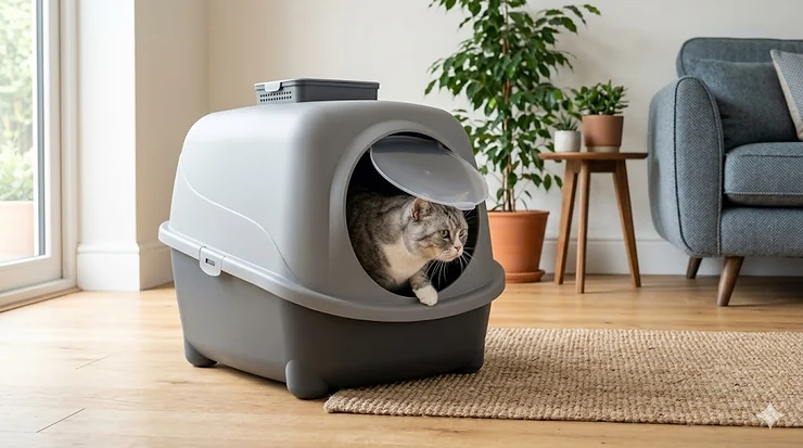 A large hooded litter tray for big cats with a spacious grey hood, sitting on a wooden floor in a modern British living room. large hooded litter tray for big cats
