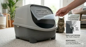 Illustration of the clear swing door on a large hooded litter tray for big cats, showing how it can be removed for cats who prefer open access.