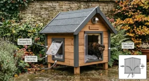 A comprehensive size guide for a sustainable cedar cat house, showing internal dimensions suitable for cats weighing up to 5kg.