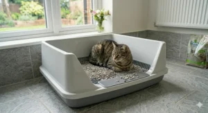Space-saving high-sided litter tray placed neatly in a home corner.