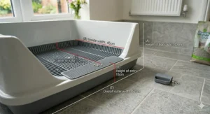 High-sided litter tray featuring an integrated paw-cleaning grille.