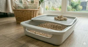 A sifting litter tray system with wood pellets and separated clumps for easy disposal.