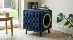 Alt text for image 9: A premium luxury indoor cat house featuring a navy velvet cushion and brass-style hardware details.