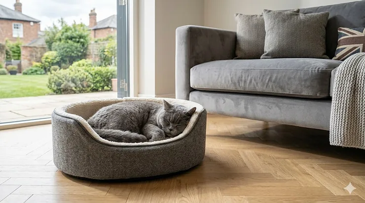 A large, grey British Shorthair cat curled up in a luxury round plush cat bed with high sides, situated in a modern UK living room. cat bed for British shorthair