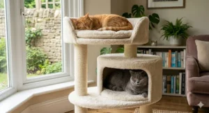 Luxury cream-coloured plush cat tower with two separate sleeping compartments for a multi-cat household.