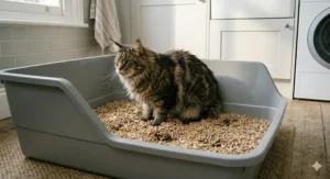 A large Maine Coon cat sitting comfortably inside an extra large grey litter tray, showcasing ample space.