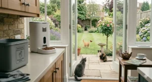 Alt text for image 9: A bright UK kitchen-diner featuring a sleek automatic pet feeder on the counter alongside a waste bin, with a view through open French doors of cats enjoying a beautifully manicured British garden with a birdbath.