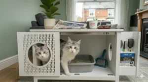 Modern white cat loo cabinet with a sleek, minimalist aesthetic.