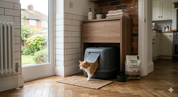 A modern grey covered litter tray with an integrated carbon filter and clear cat flap, styled neatly on a herringbone floor in a British utility room next to a bag of organic wood pellet litter. covered litter tray