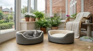 Two identical grey herringbone cat beds are placed side-by-side in a sunlit UK conservatory with a garden view. In one bed, a British Shorthair cat is asleep; the other bed is empty. The scene highlights suitable cat beds for a multi-cat household on herringbone parquet flooring.