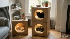 Alt text for image 3: A two-storey indoor cat house crafted from light timber, suitable for multi-cat households in the UK.