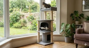 A tall, multi-storey indoor cat house for 2 cats with separate sleeping compartments and scratching posts.