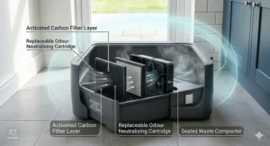 Illustration of an enclosed self-cleaning litter tray with an integrated activated carbon filter to neutralise smells.