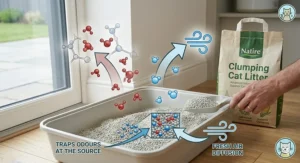 Icon-style graphic highlighting superior odour control for clumping cat litter.