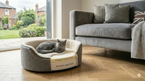 An orthopaedic memory foam cat bed, specially designed to provide joint support for heavy breeds like British Shorthair cats, showing the layered structure and a grey cat relaxing.