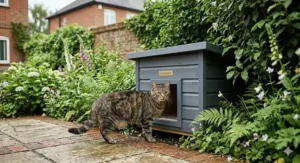A discreet green outdoor cat cabin tucked under a garden hedge to provide safety for a stray cat.