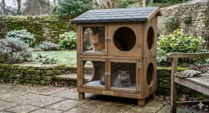Illustration of a weatherproof outdoor cat house for 2 cats with a sloped green felt roof for UK gardens.