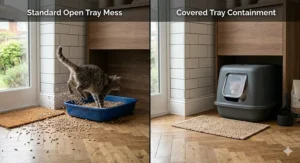 A side-by-side photorealistic comparison showing a grey tabby cat scattering litter pellets from an open blue tray onto a wooden floor versus a ginger cat inside the contained grey covered litter tray.