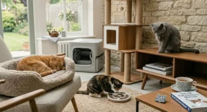 Alt text for image 6: A cozy British living room scene with a British Shorthair cat grooming itself on a wooden cabinet, a ginger cat sleeping in a plush chair, and a calico cat playing with a toy near a quiet automatic litter tray.