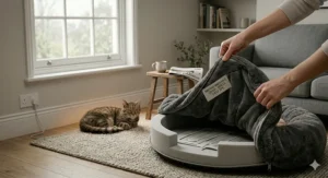 A person removing the machine-washable fleece cover from an electric heated cat bed.