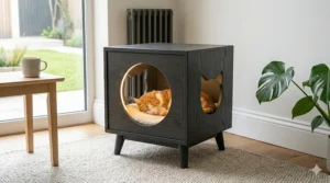 Alt text for image 7: A minimalist Scandi-style indoor cat house with sleek tapered legs and a charcoal finish.